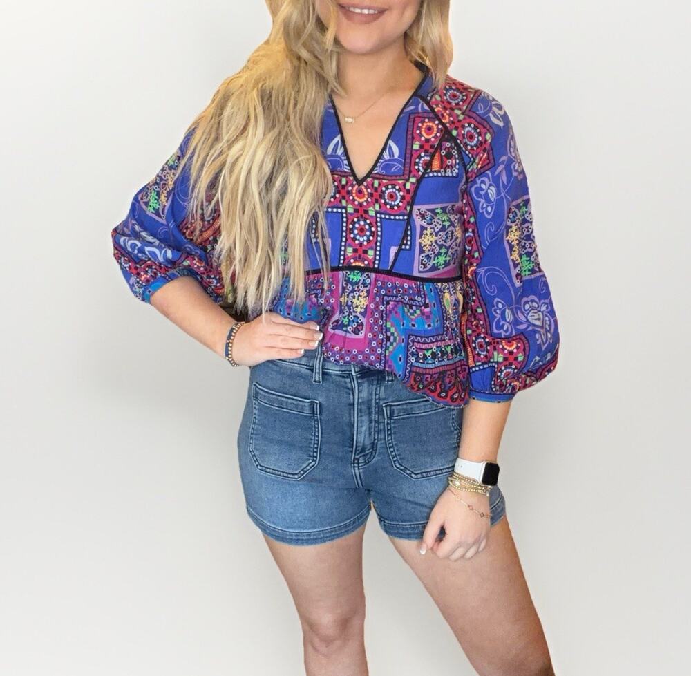 Hunter Bell Tuckernuck Blue Floral Patchwork Blouse 3/4 Sleeves Size XS
